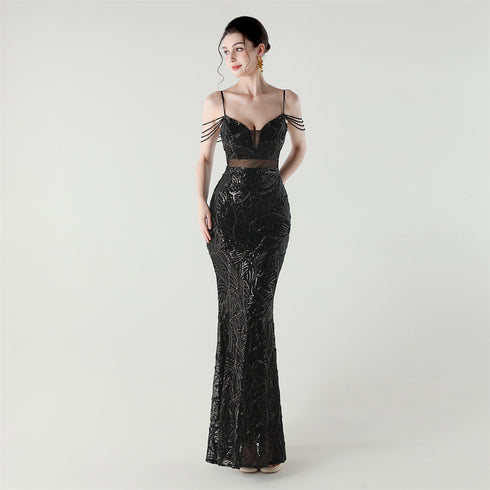 Graceful Sequin Embellished Mesh Mermaid Maxi Dress